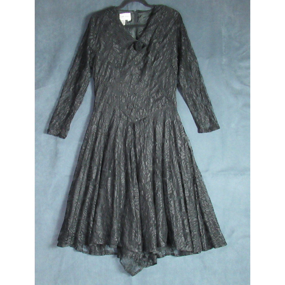 Vtg Karin Stevens Dress Womens 14 Black Lace Rosette Dark Romance Modest Gothic